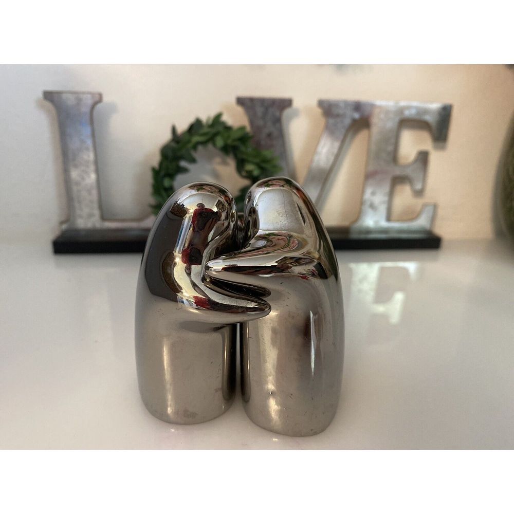 Hugging Ghost Salt and Pepper Shakers Set w Stopers Chrome ‎ Mercury Glass Style